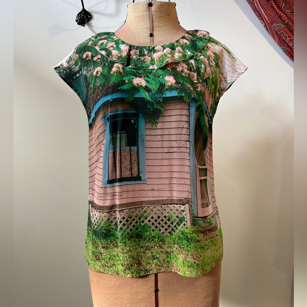 Sara Ball photography silk top from Anthropologie pink green size 0
